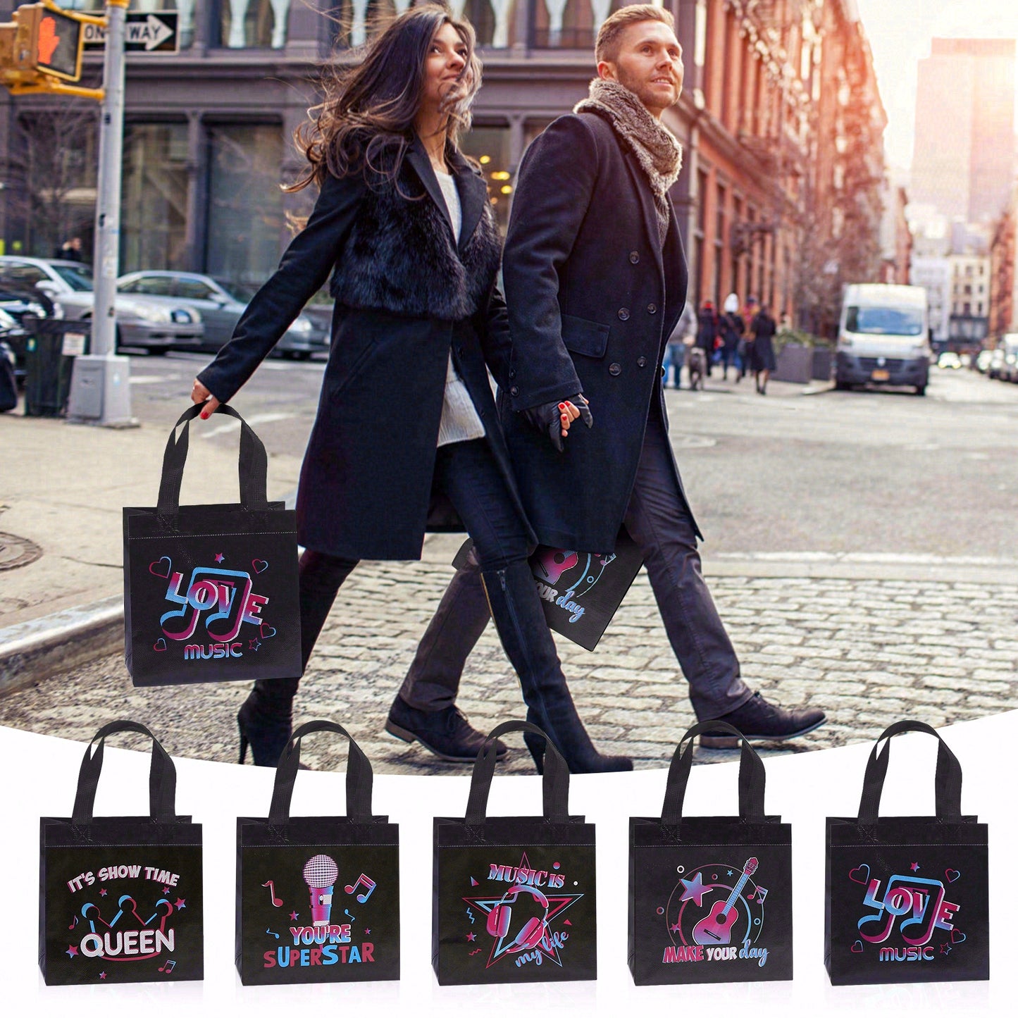 25pcs Music Theme Non-Woven Gift Bags for Birthday Party, KTV, and Concert "It's Show Time" & "Superstar" Design