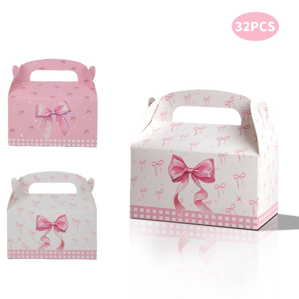16/32pcs Pink Bow Gift Boxes with Handle, Party Favor Boxes for Birthday Wedding Baby Shower, Candy Cookie Dessert Packaging Boxes