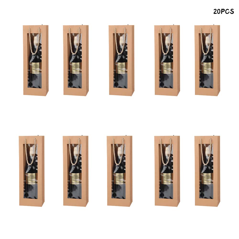 20pcs Wine Gift Bag with Clear Window, Kraft Paper Single Bottle Carrier with Rope Handle for Birthday, Wedding, Christmas Party