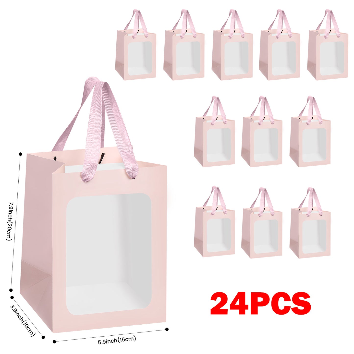 8/12/16/24pcs Pink Flower Gift Bags with Clear Window, Bouquet Paper Bags for Birthday, Wedding, Valentine's Day, Mother's Day, Graduation Party Favors