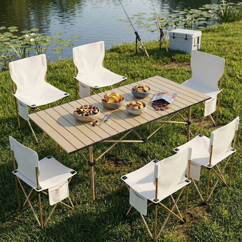 7 Piece Outdoor Folding Table and Chairs Set, Heavy Duty Aluminum Picnic Table with 6 Folding Chairs, Portable Camping Gear for Backyard, Beach, BBQ, Patio (with Carry Bag)