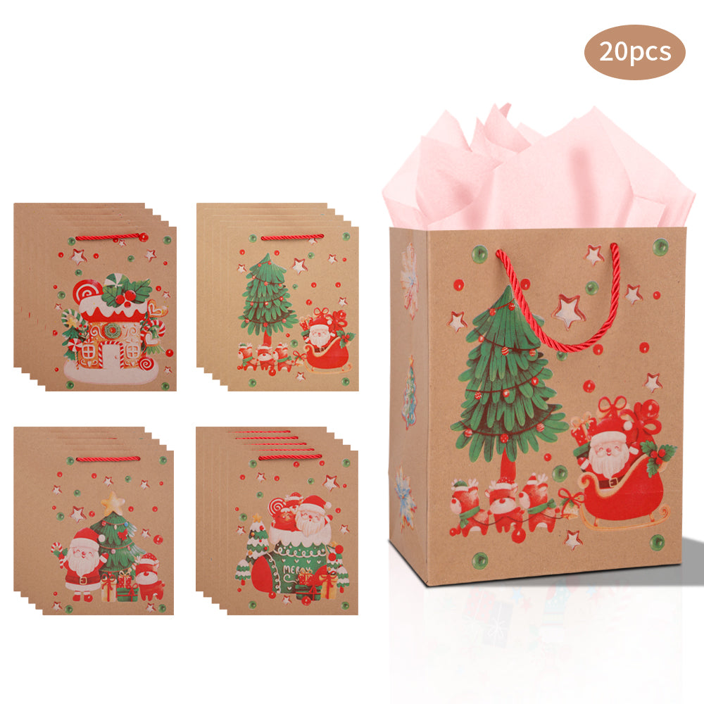 10/20pcs Christmas Gift Bags Kraft Paper with Handles, Santa and Christmas Tree Design, Holiday Party Favor Bags for Candy, Treats, and Presents