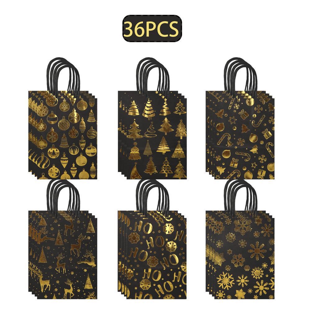 18/36pcs Christmas Gift Bags Black Gold Foil | Luxury Holiday Party Favor Bags with Handles | Elegant Christmas Tree Ornament Snowflake Reindeer Design