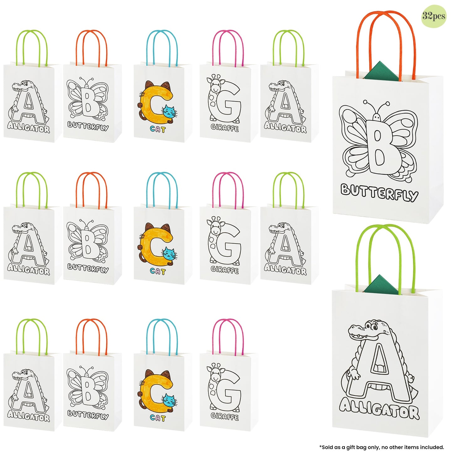 16/32pcs DIY Coloring Gift Bags for Kids, Reusable Paper Party Favor Bags with Handles, Animal Alphabet Design for Birthday Party Supplies, Classroom Crafts