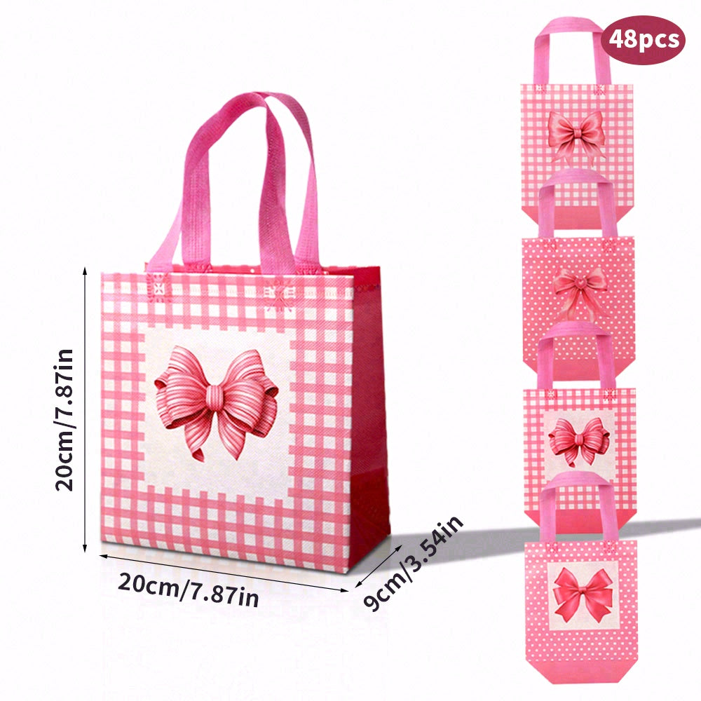24/48pcs Pink Polka Dot Gift Bags with Bow, Reusable Non Woven Party Favor Bags for Birthday, Wedding, Baby Shower