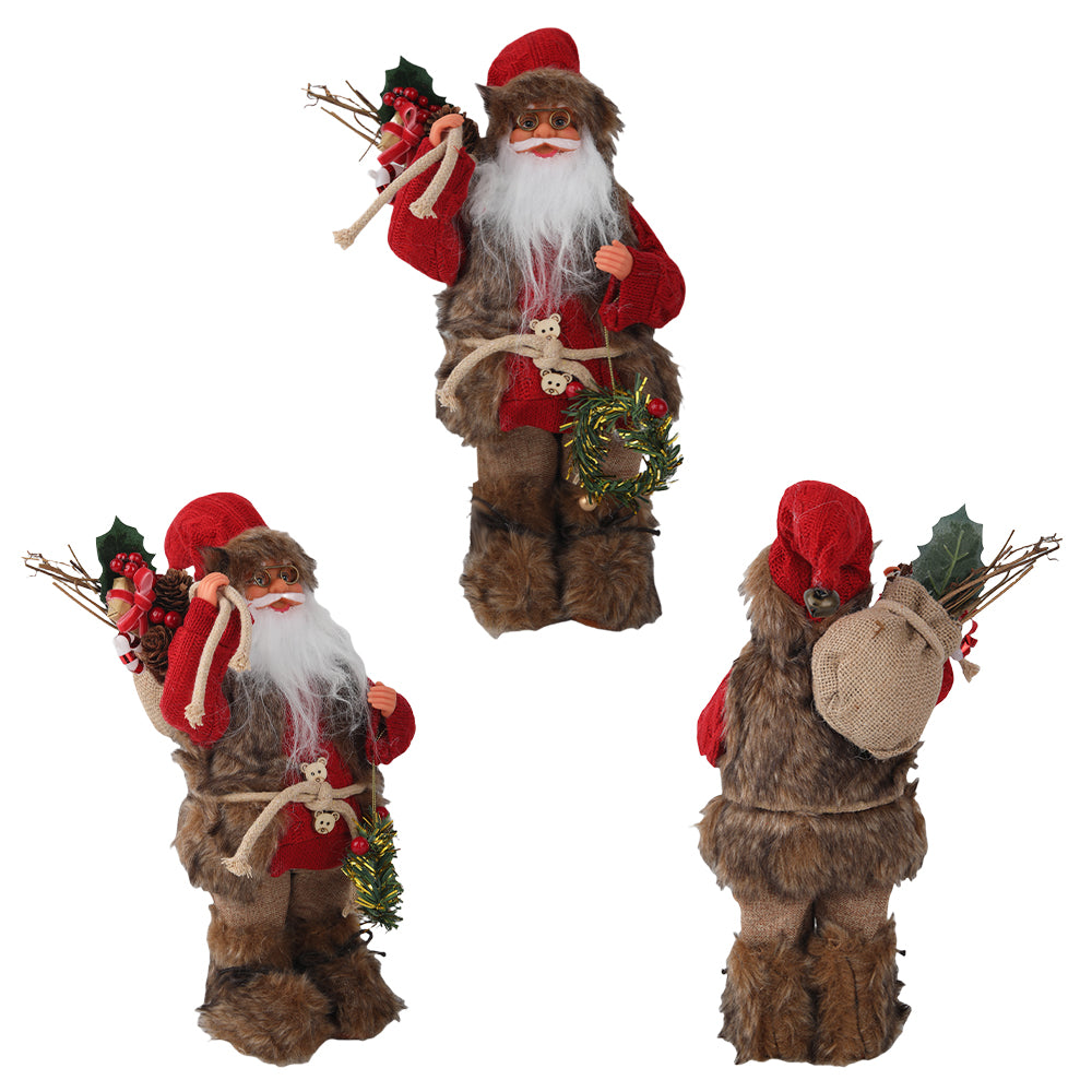 15.7in Rustic Santa Claus Figurine, Faux Fur Knit Santa Claus Standing Decoration for Indoor Home, Mantel & Shelf Christmas Party Supplies