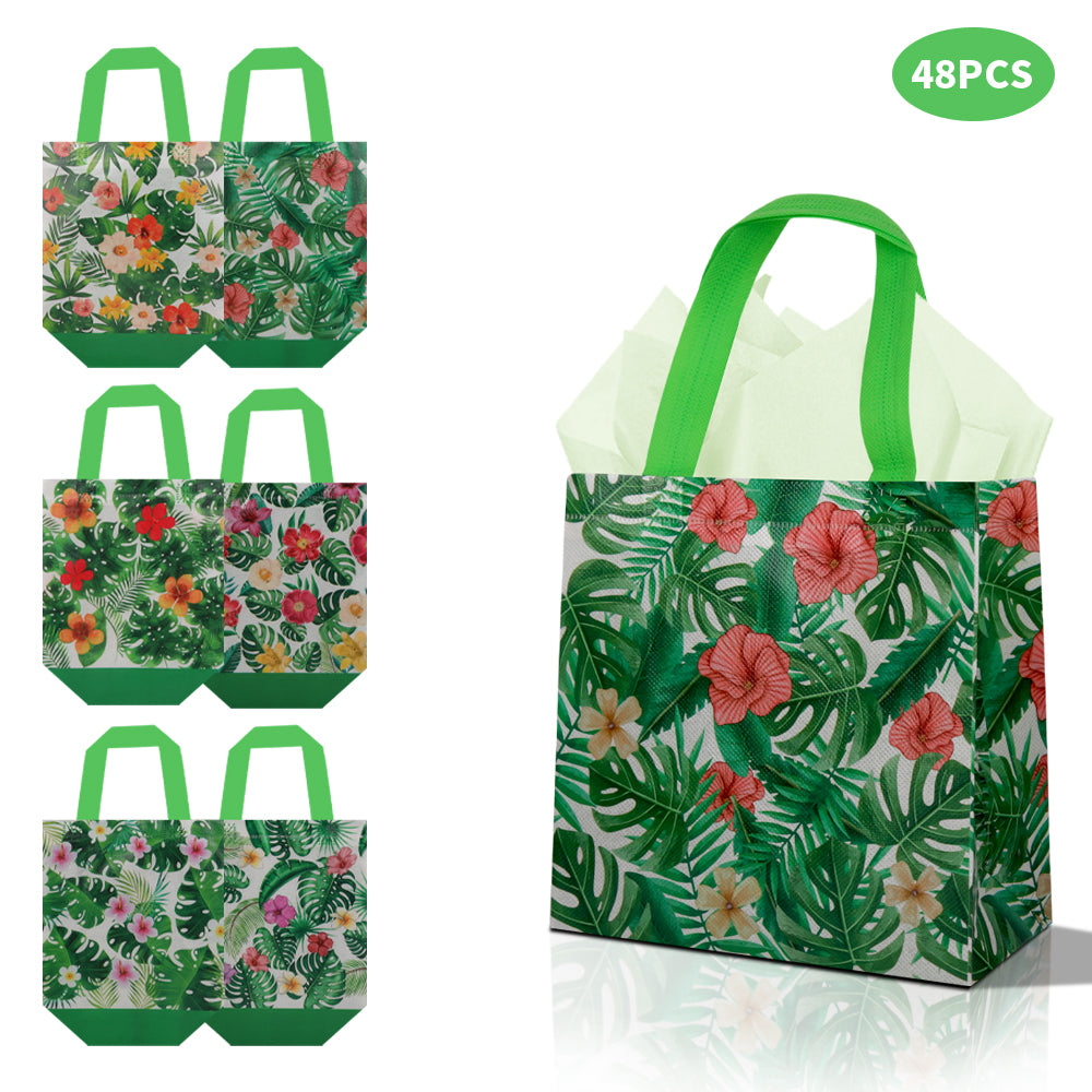 24/48pcs Tropical Gift Bags with Handles, Hawaiian Luau Party Favor Bags, Hibiscus and Monstera Summer Birthday Wedding Goody Bags for Candy Treats