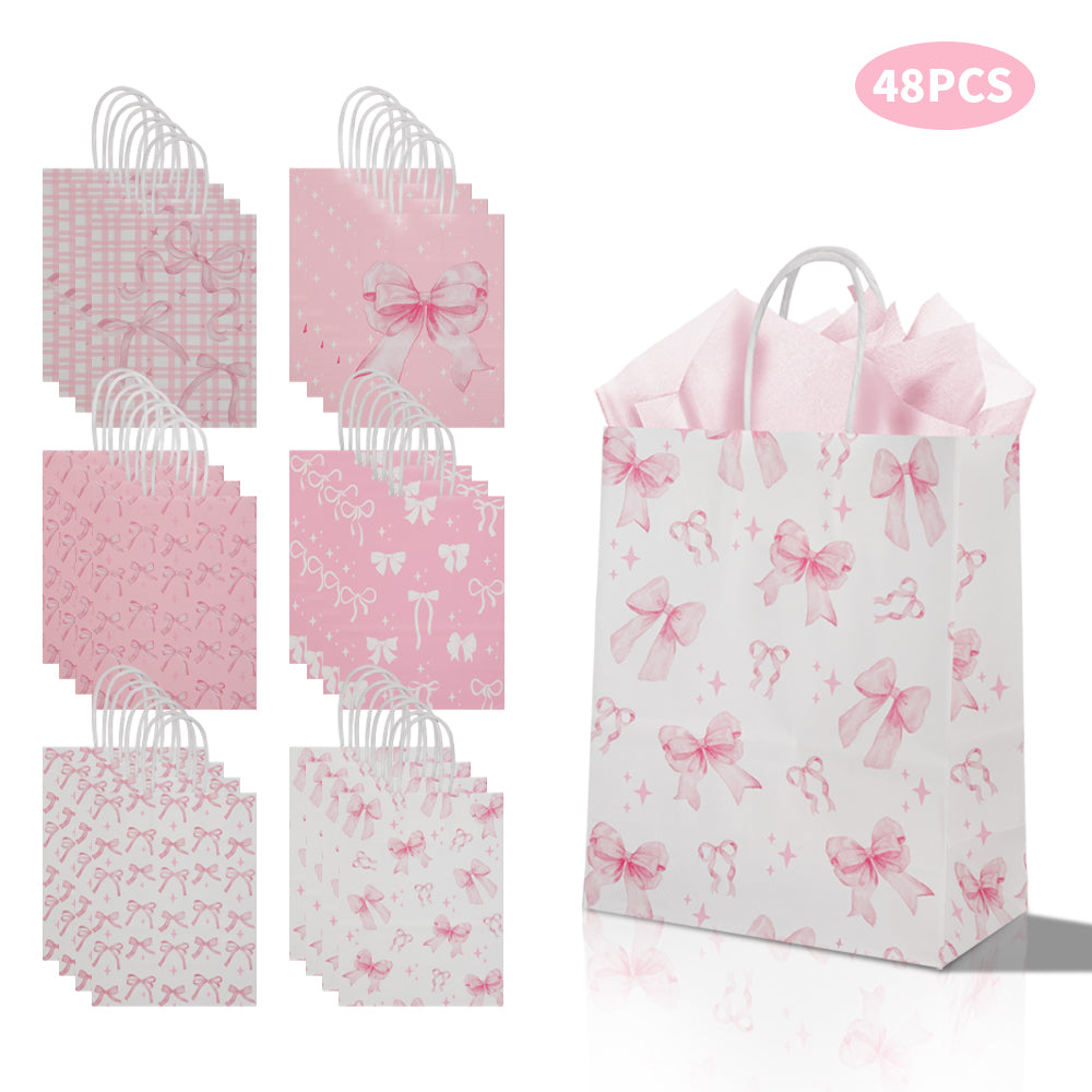 24/48pcs Pink Bow Gift Bags, Cute Paper Party Favor Bags with Ribbon Handles for Birthday, Wedding, Baby Shower, Candy, Goodie Bags