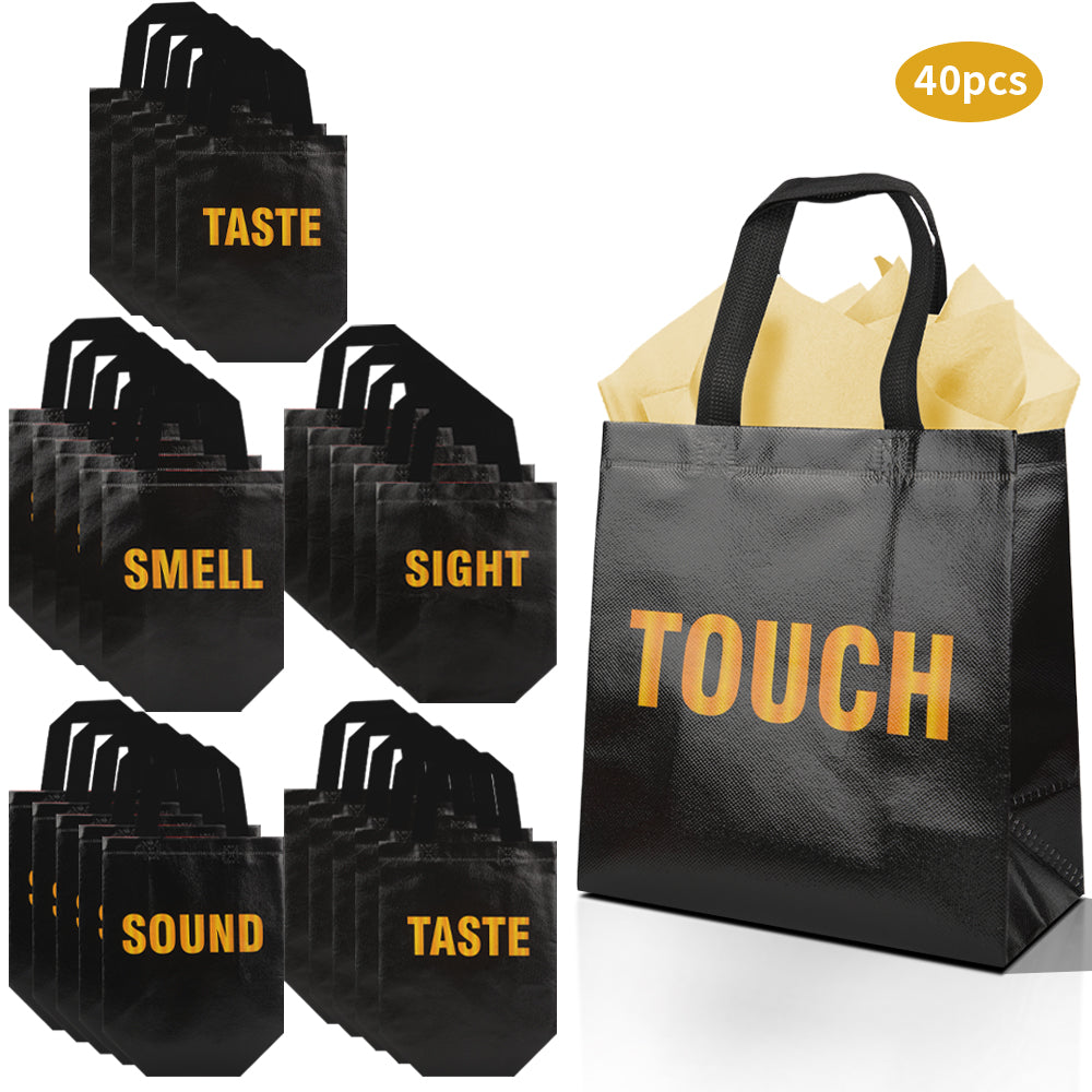 20/40pcs Sensory Bags for Blind Taste Test, Black Non Woven Party Favor Bags with SIGHT SMELL TOUCH SOUND TASTE Words