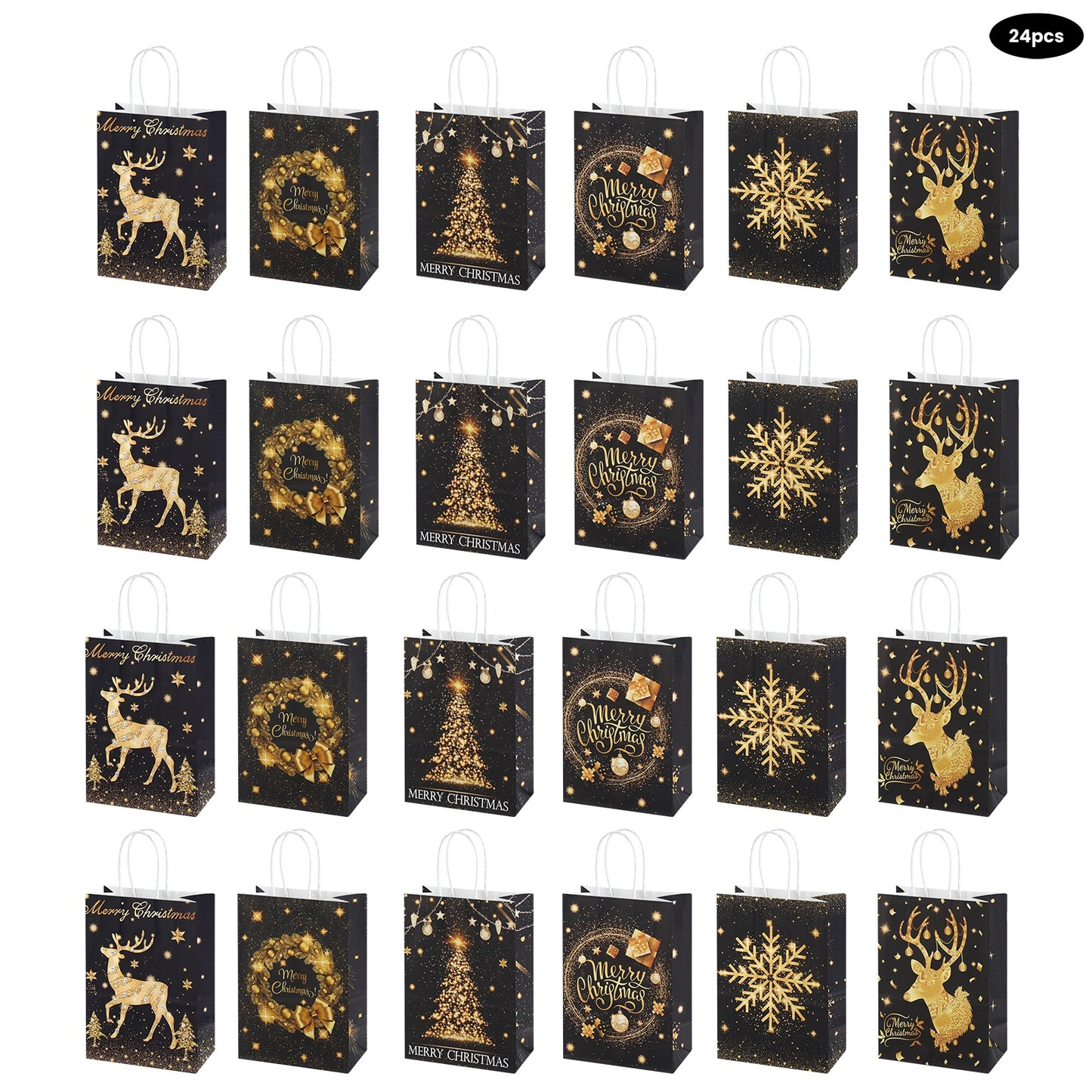 24/48pcs Black and Gold Christmas Gift Bags with Wreath and Reindeer Design, Merry Christmas Party Favor Bags, Holiday Gift Wrapping Bags