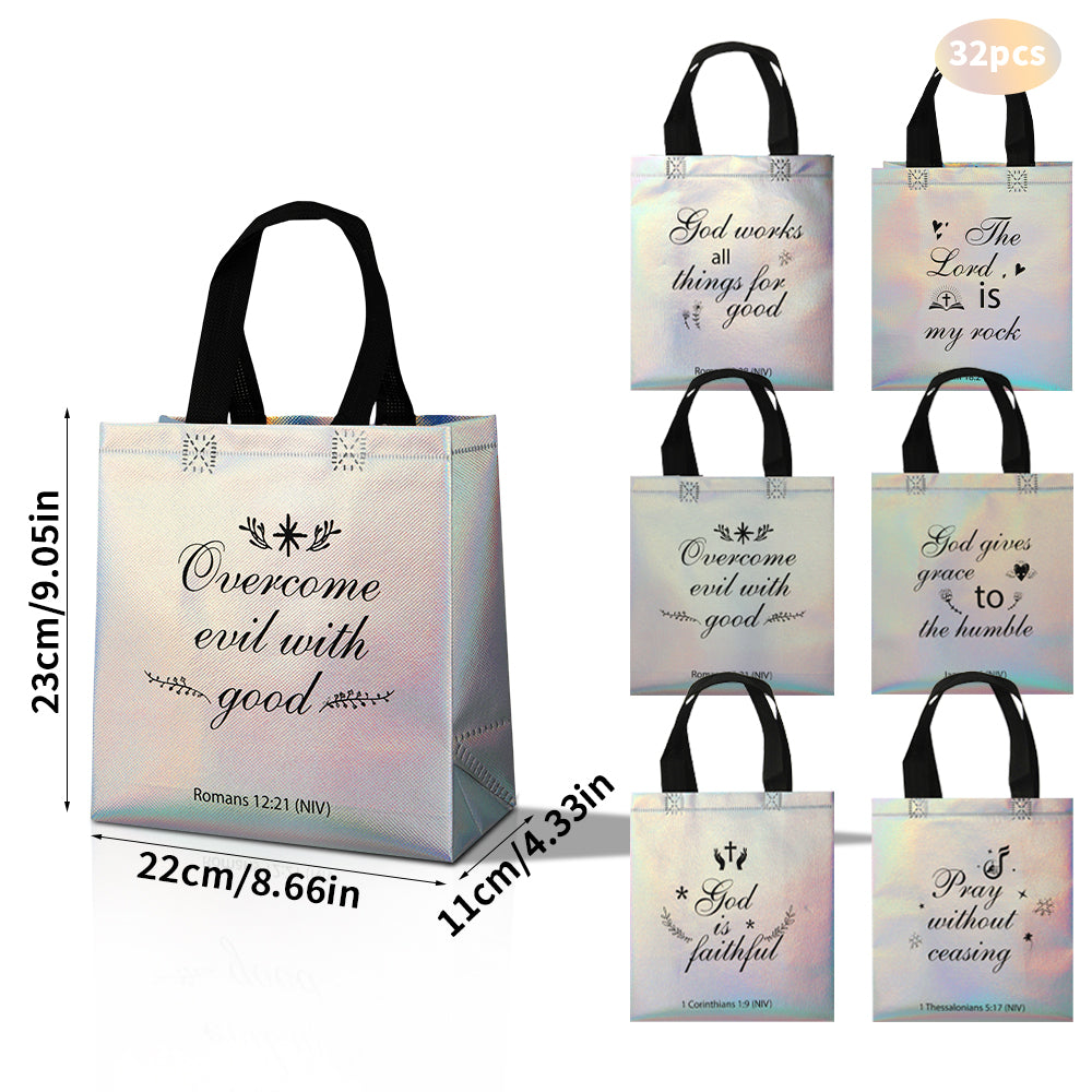 16/32pcs Christian Gift Bags with Bible Verses, Holographic Iridescent Tote Bags for Church, Bible Study, Easter, Christmas, Religious Party Favors