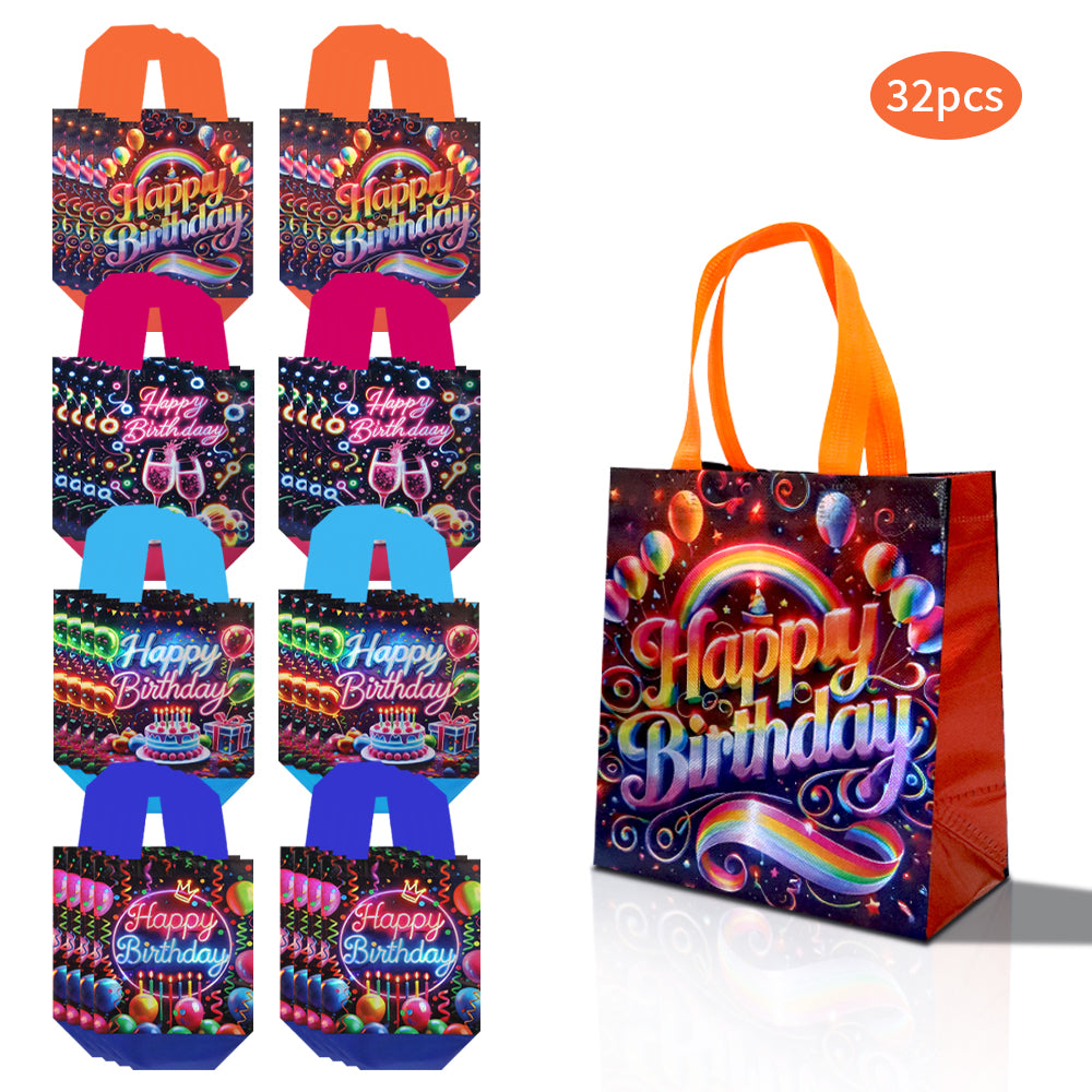 16/32pcs Happy Birthday Gift Bags, Neon Rainbow Party Favor Bags for Kids and Adults, Large Birthday Party Supplies