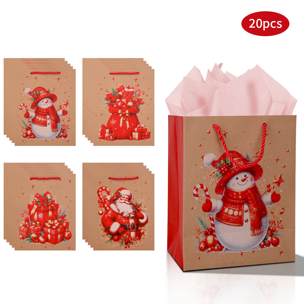 10/20pcs Christmas Gift Bags Kraft Paper with Handles, Snowman and Santa Claus Design, Holiday Party Favor Bags for Kids Presents Wrapping Supplies