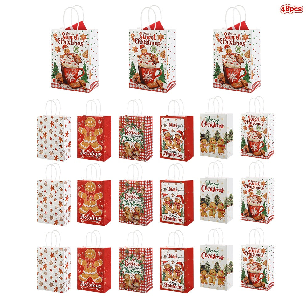 24/48pcs Christmas Gift Bags, Holiday Party Supplies, Gingerbread Man & Hot Chocolate Design, Small Paper Treat Bags with Handles for Kids, Teachers, Co-workers, Family