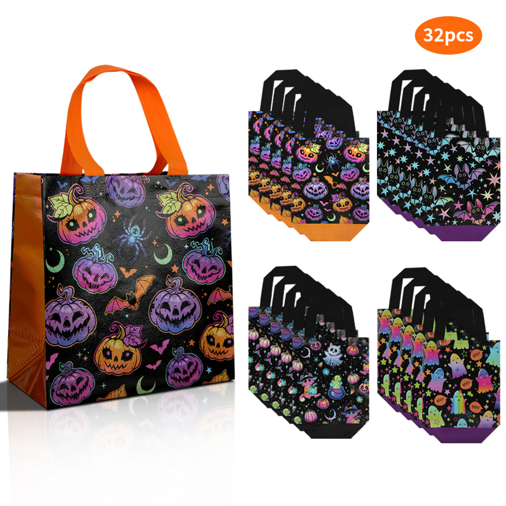 16/32pcs Halloween Party Favor Bags, Reusable Trick or Treat Tote Bags for Kids, Assorted Pumpkin Ghost Bat Designs