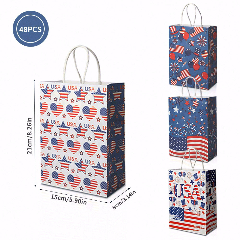 24/48pcs American Flag Gift Bags, Patriotic Party Favor Bags for 4th of July, Independence Day, Veterans Day, Memorial Day, Red White Blue Paper Treat Bags with Handles