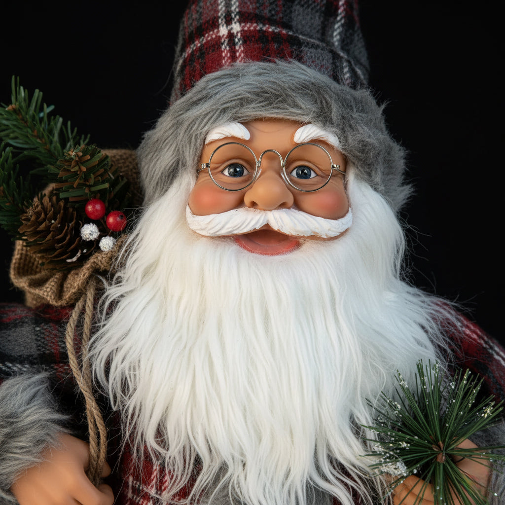 15.7In Plaid Santa Claus Figurine, Rustic Farmhouse Christmas Decoration for Mantel Table, Standing Santa with Glasses for Holiday Home Decor