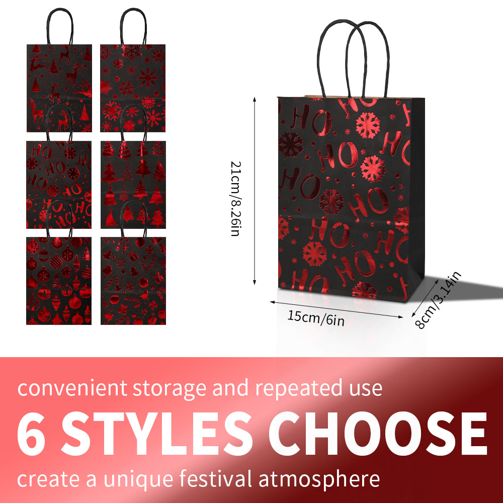 18/36pcs Black and Red Foil Christmas Gift Bags, Assorted Merry Christmas Patterns for Holiday Party Favor and Presents
