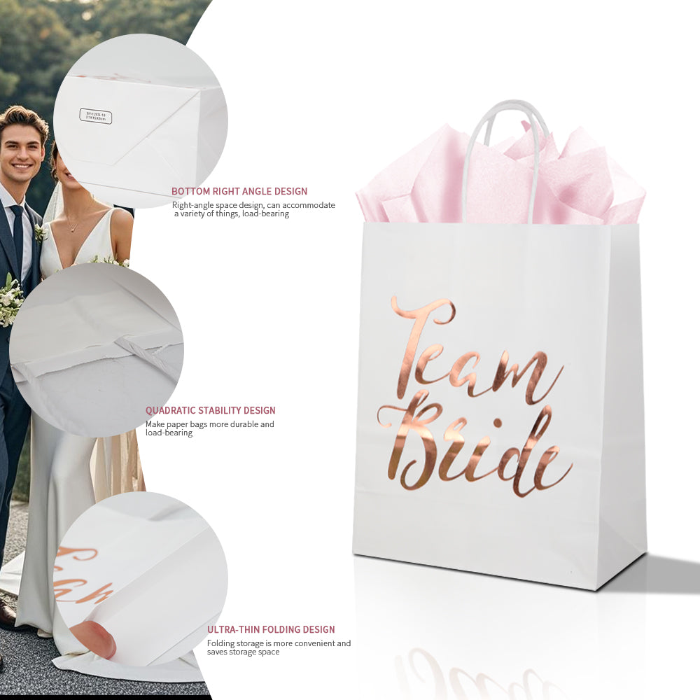 24/48pcs Team Bride Gift Bags, Wedding Favor Bags, Rose Gold Foil Paper Bags for Bridesmaid Party, Bridal Shower, Hen Party