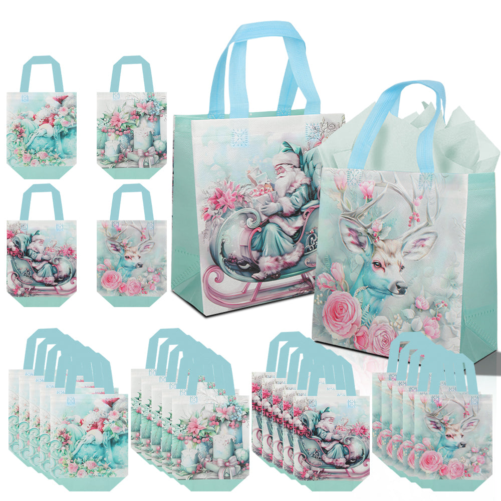 40pcs of preferred gift packaging bags for the Christmas season, elk and floral themed gift bags with soft color matching, reusable gift bags for Christmas parties.