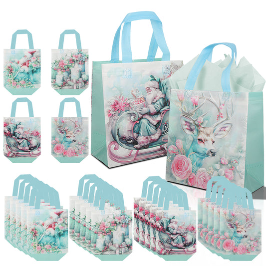 40pcs of preferred gift packaging bags for the Christmas season, elk and floral themed gift bags with soft color matching, reusable gift bags for Christmas parties.