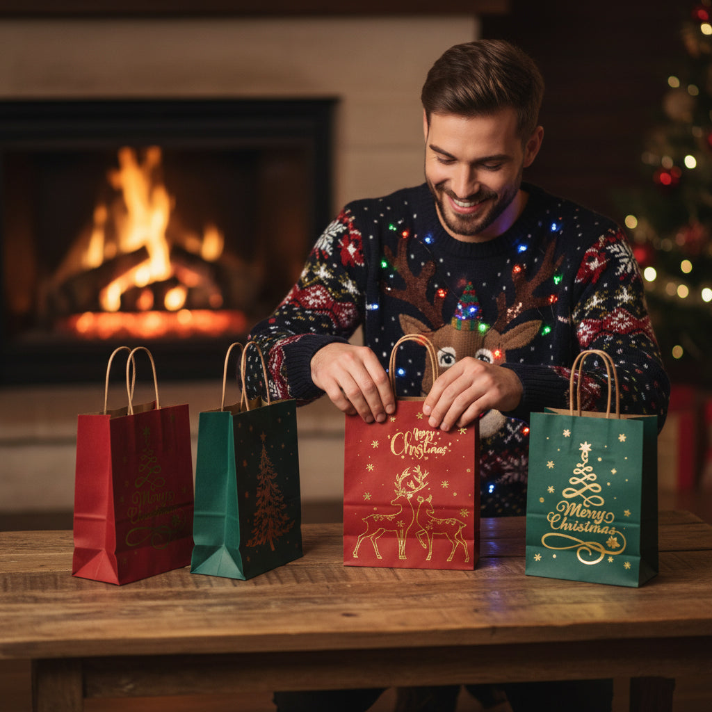 24/48pcs Christmas Paper Gift Bags, Red Green Gold Foil Printed Reindeer & Tree Design, Holiday Party Supplies