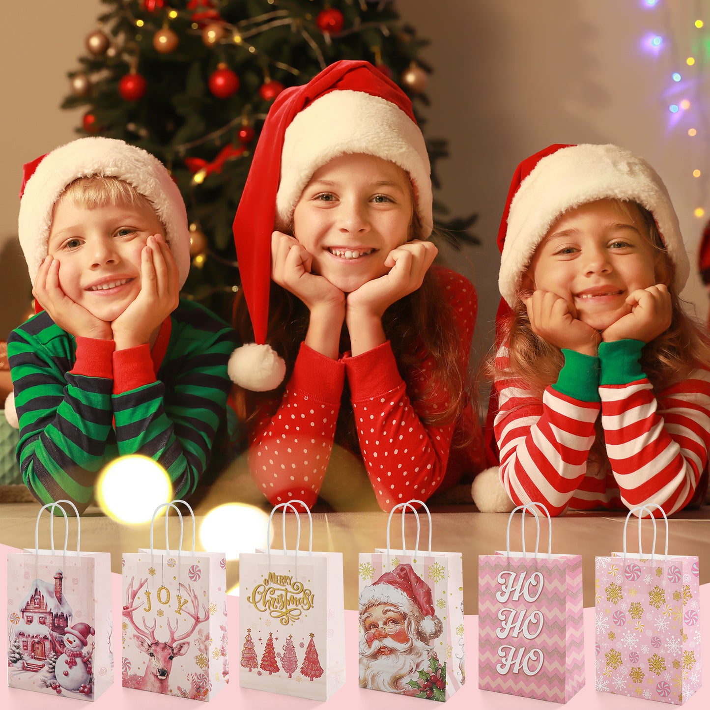 24/48pcs Pink Christmas Gift Bags with Santa Claus Design, Retro Holiday Party Favor Bags for Kids, Christmas Treat Bags