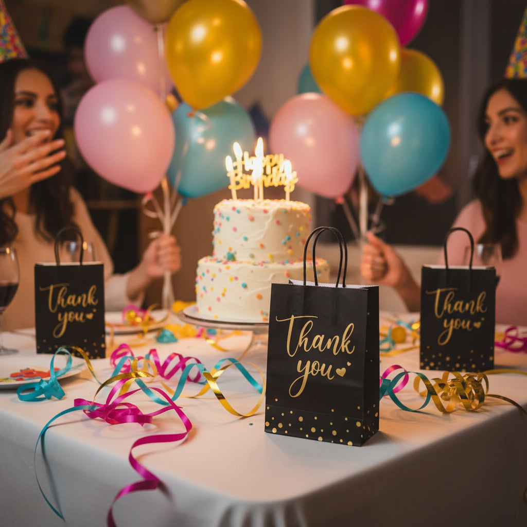24/48pcs Black and Gold Thank You Gift Bags, Luxury Paper Gift Bags with Handles for Birthday, Wedding, Christmas Party