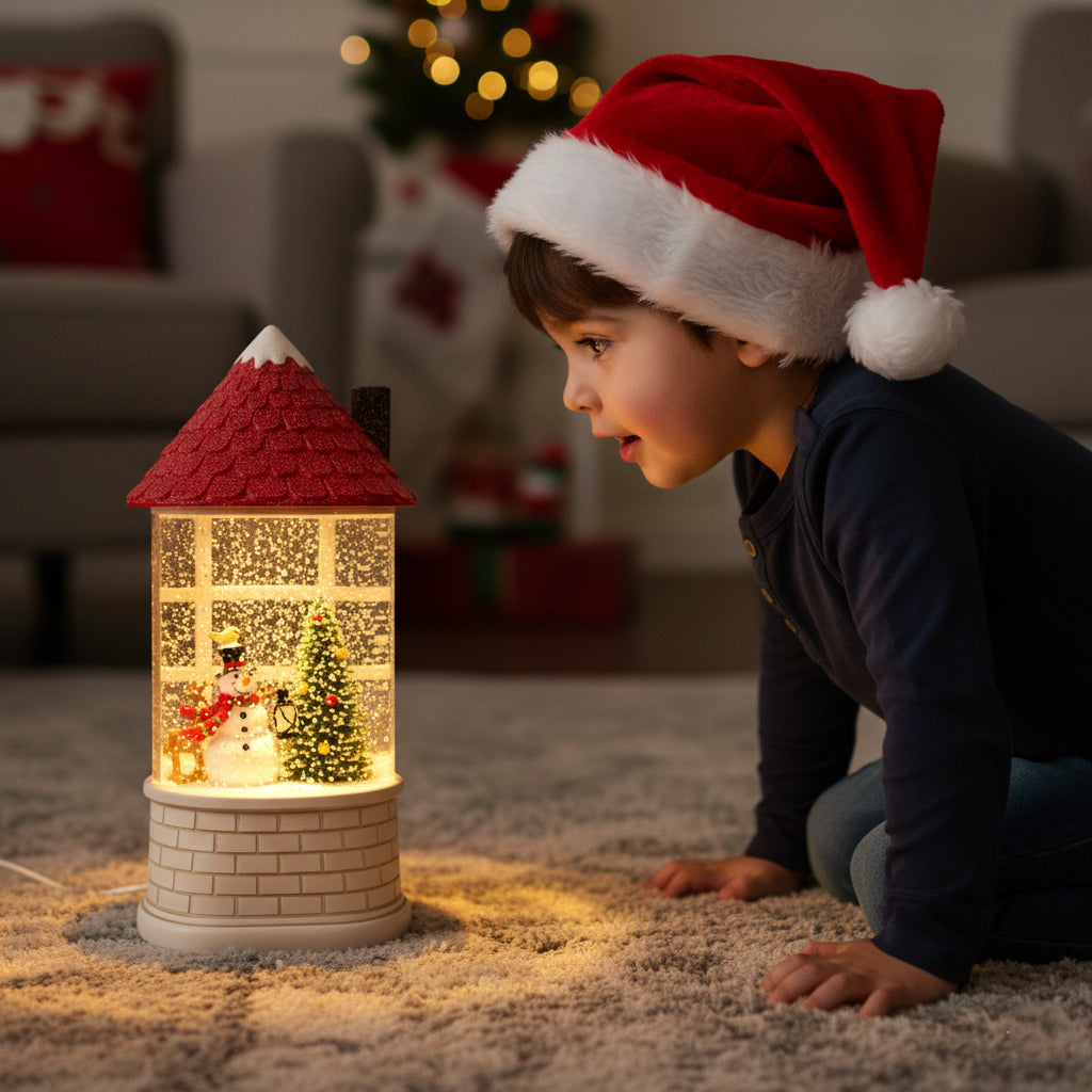 1 Piece Christmas Snow Globe House with Snowman and Tree, Lighted Indoor Holiday Decoration for Home