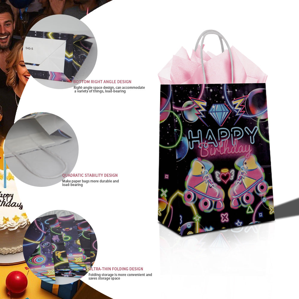 24/48pcs Retro Roller Skating Birthday Gift Bags, Neon Disco Theme Party Favor Bags for Kids, Let's Roll