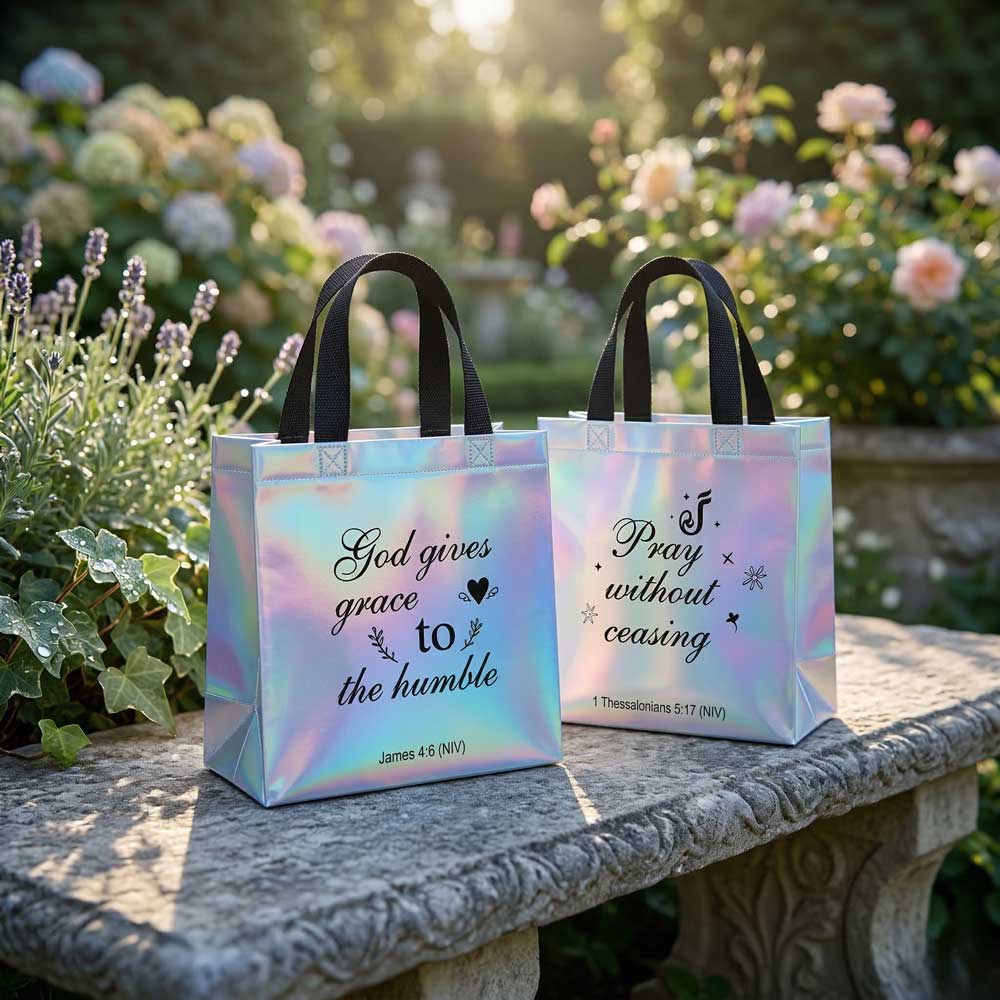 16/32pcs Christian Gift Bags with Bible Verses, Holographic Iridescent Tote Bags for Church, Bible Study, Easter, Christmas, Religious Party Favors