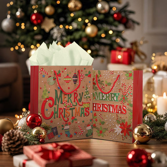 10/20pcs Christmas Gift Bags with Rope Handle, Assorted Merry Christmas Kraft Paper Bags for Holiday Party Favors, Treats & Cookie Packaging