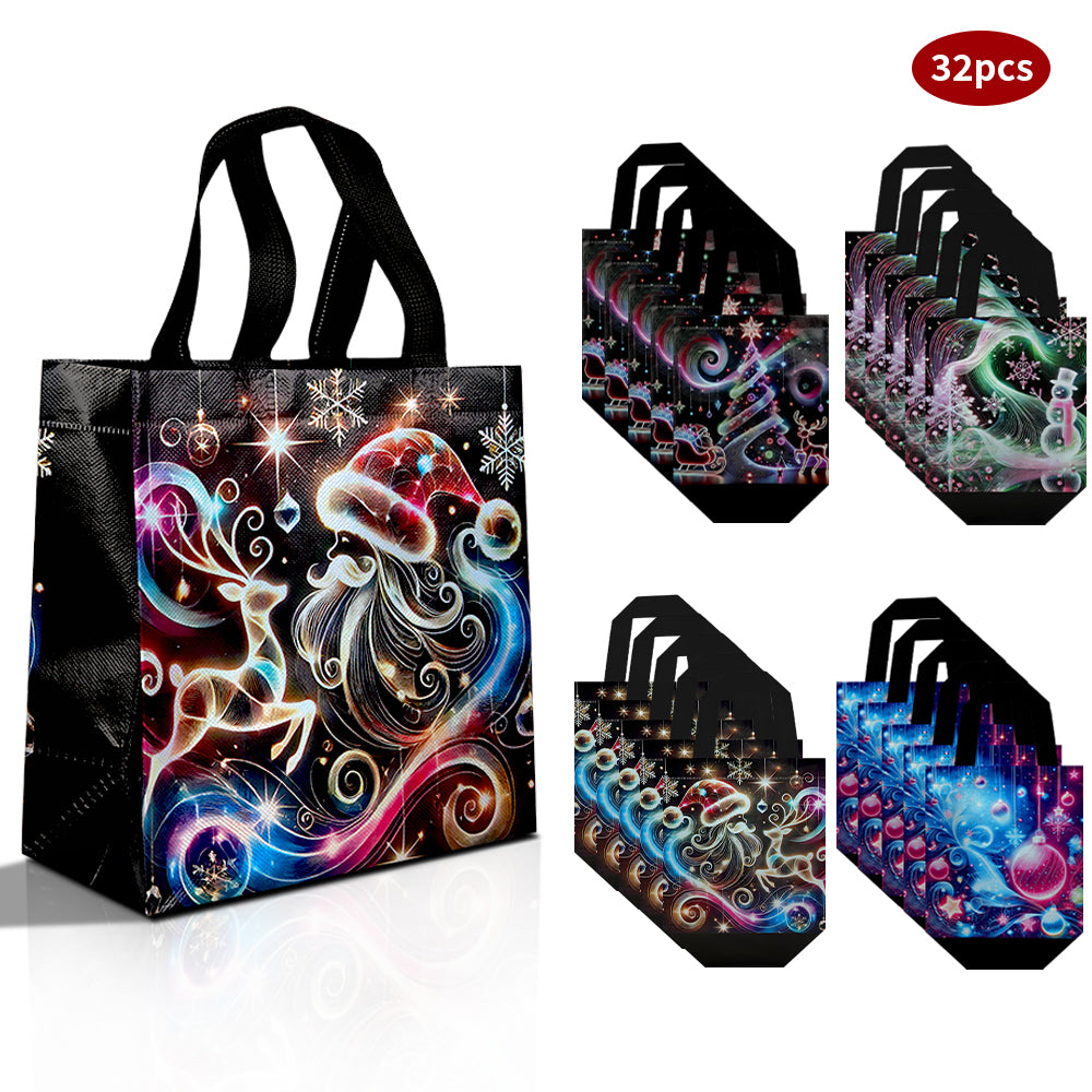 16/32pcs Reusable Non Woven Christmas Gift Bags with Santa, Reindeer and Snowman Design for Holiday Party Favors