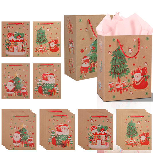 10/20pcs Christmas Gift Bags Kraft Paper with Handles, Santa and Christmas Tree Design, Holiday Party Favor Bags for Candy, Treats, and Presents