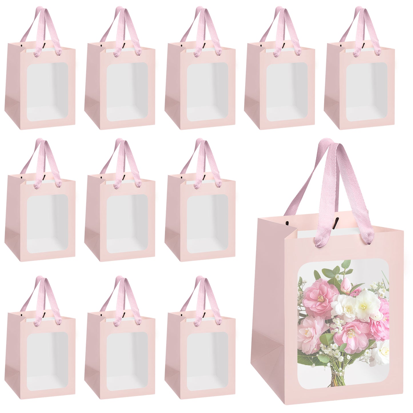8/12/16/24pcs Pink Flower Gift Bags with Clear Window, Bouquet Paper Bags for Birthday, Wedding, Valentine's Day, Mother's Day, Graduation Party Favors