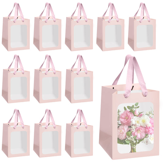 8/12/16/24pcs Pink Flower Gift Bags with Clear Window, Bouquet Paper Bags for Birthday, Wedding, Valentine's Day, Mother's Day, Graduation Party Favors