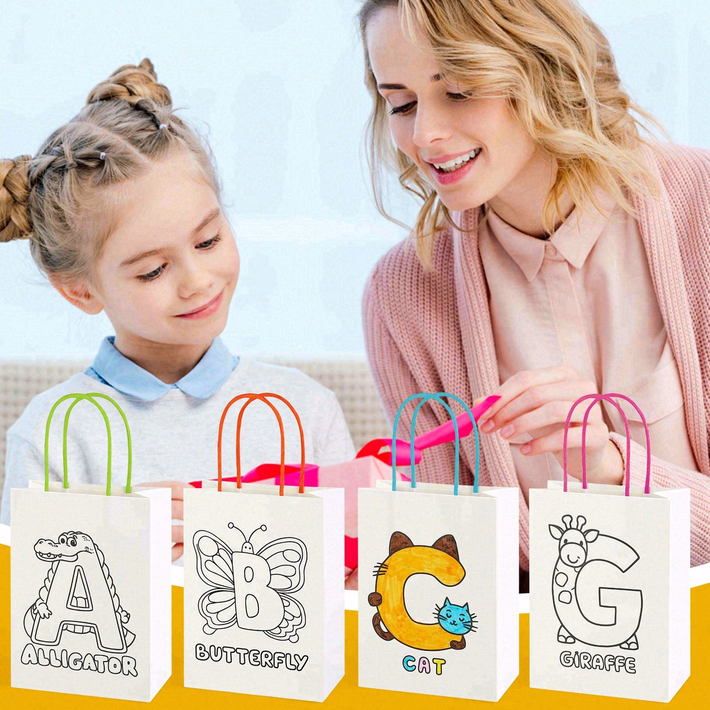16/32pcs DIY Coloring Gift Bags for Kids, Reusable Paper Party Favor Bags with Handles, Animal Alphabet Design for Birthday Party Supplies, Classroom Crafts