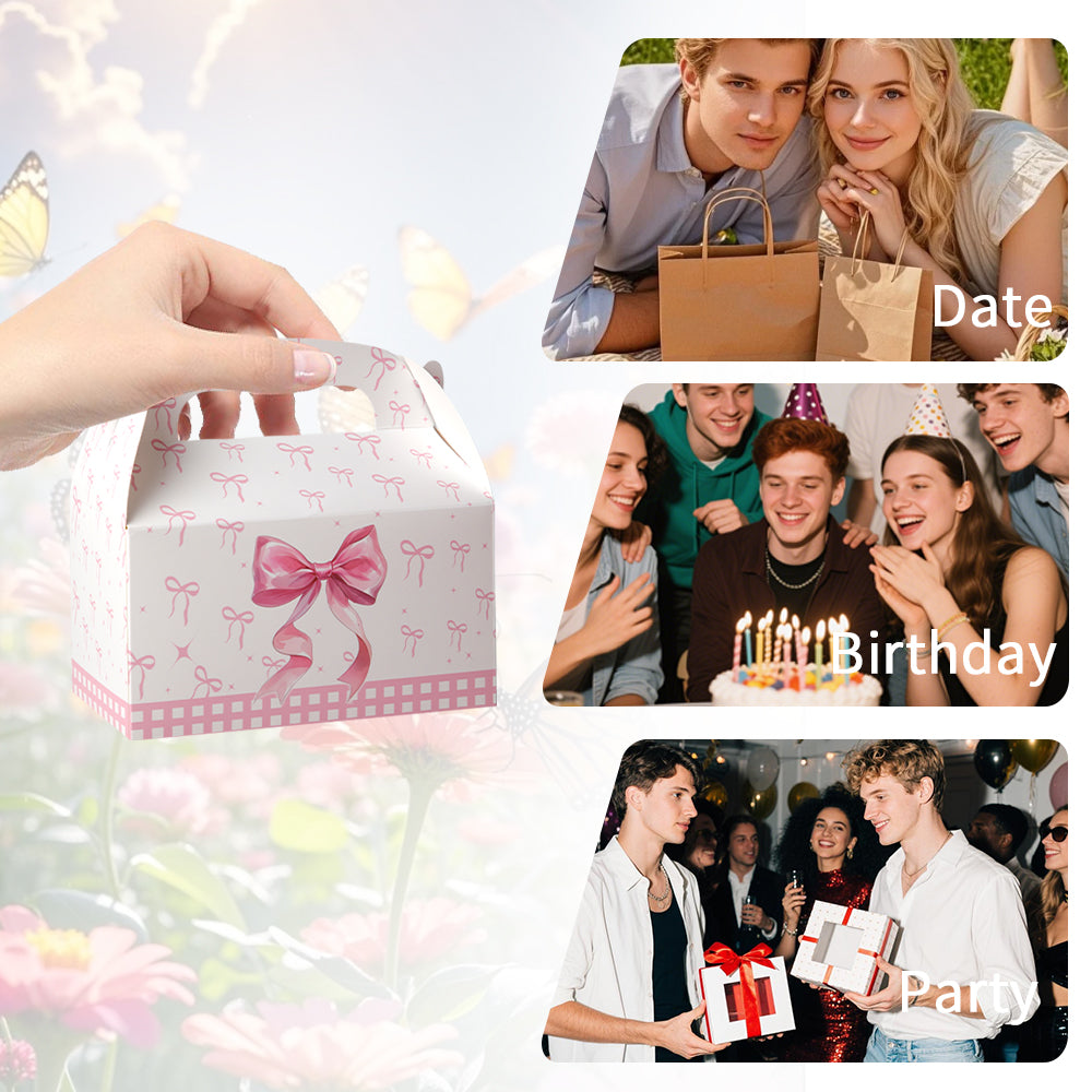 16/32pcs Pink Bow Gift Boxes with Handle, Party Favor Boxes for Birthday Wedding Baby Shower, Candy Cookie Dessert Packaging Boxes