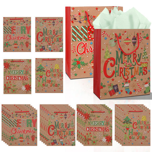 10/20pcs Christmas Gift Bags with Rope Handle, Assorted Merry Christmas Kraft Paper Bags for Holiday Party Favors, Treats & Cookie Packaging