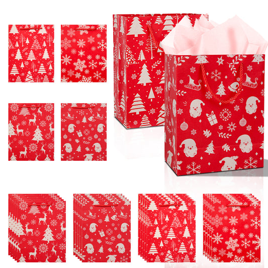 10/20pcs Red Kraft Paper Christmas Gift Bags with Handles, Santa Claus and Snowflake Design, Holiday Party Favor Treat Bags
