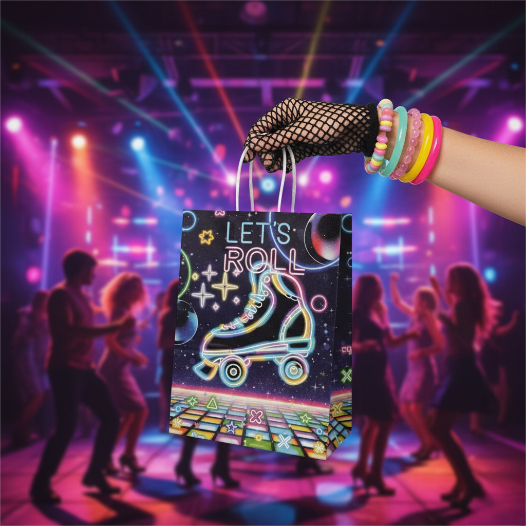 24/48pcs Retro Roller Skating Birthday Gift Bags, Neon Disco Theme Party Favor Bags for Kids, Let's Roll