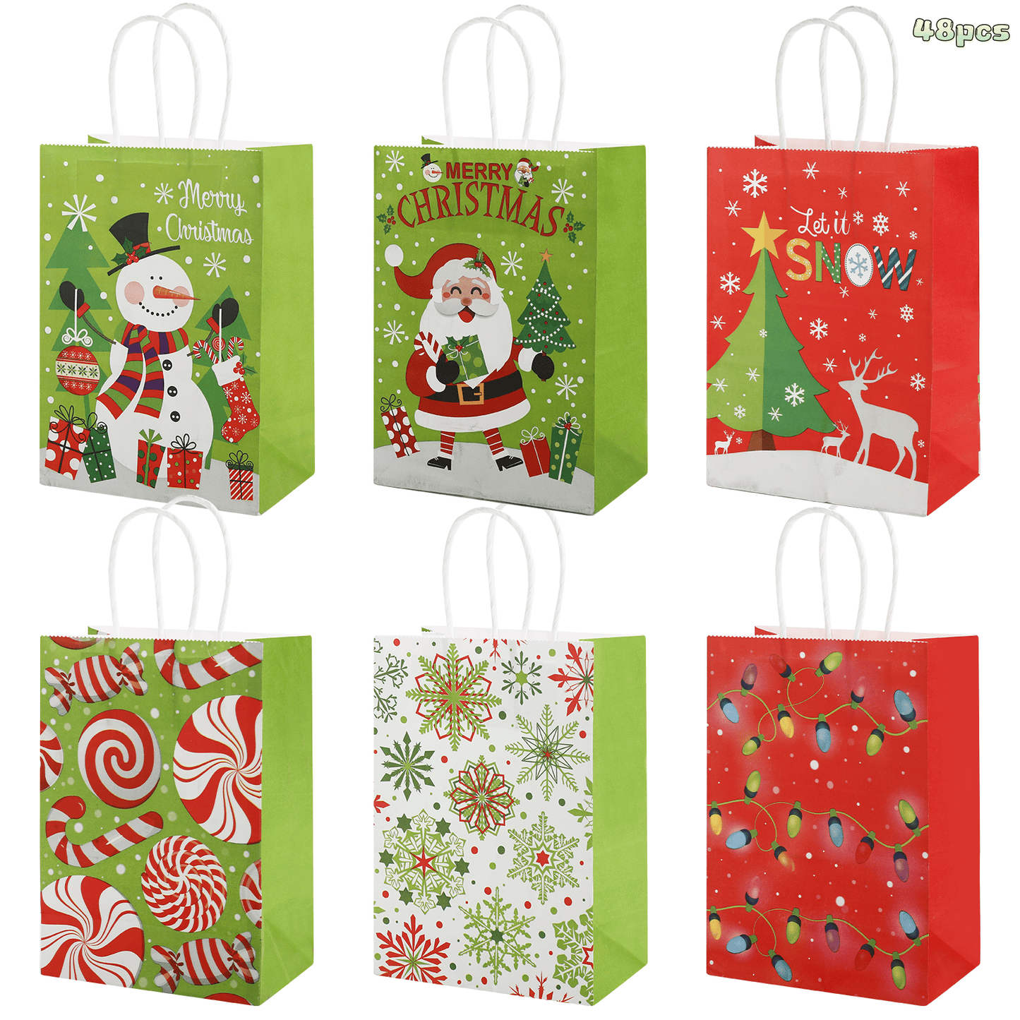 24/48pcs Assorted Christmas Gift Bags with Santa, Snowman & Reindeer Design, Red and Green Holiday Party Favor Bags for Kids, Christmas Candy Bags