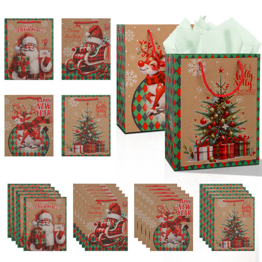 10/20pcs Retro Christmas Gift Bags with Handles, Kraft Paper Holiday Party Bags, Santa Claus and Reindeer Design