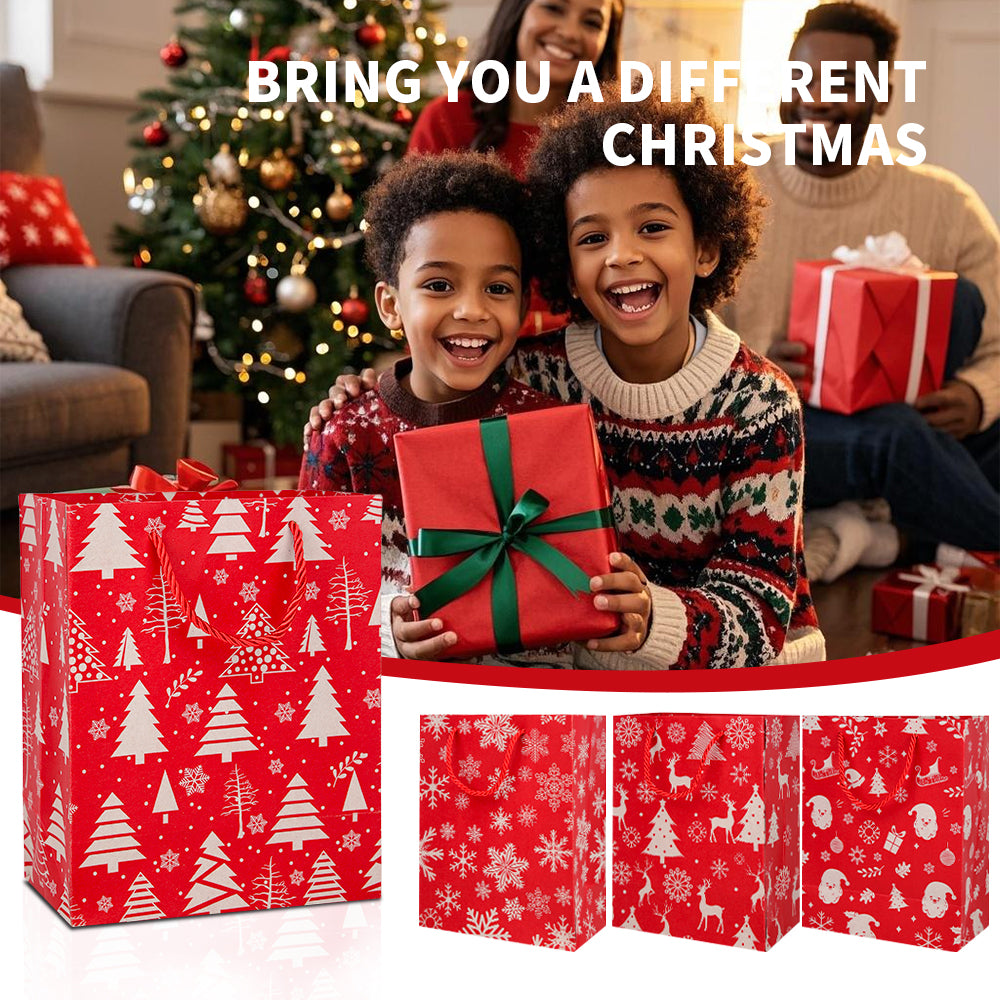10/20pcs Red Kraft Paper Christmas Gift Bags with Handles, Santa Claus and Snowflake Design, Holiday Party Favor Treat Bags