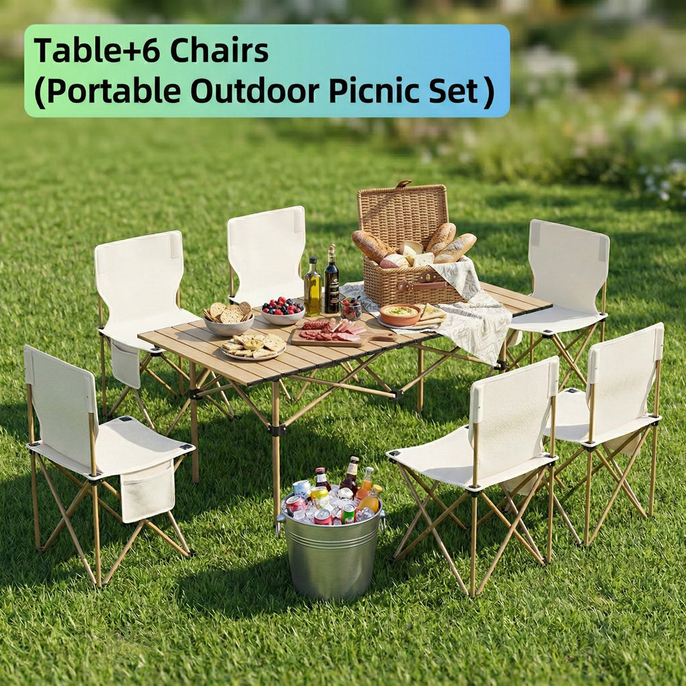 7 Piece Outdoor Folding Table and Chairs Set, Heavy Duty Aluminum Picnic Table with 6 Folding Chairs, Portable Camping Gear for Backyard, Beach, BBQ, Patio (with Carry Bag)