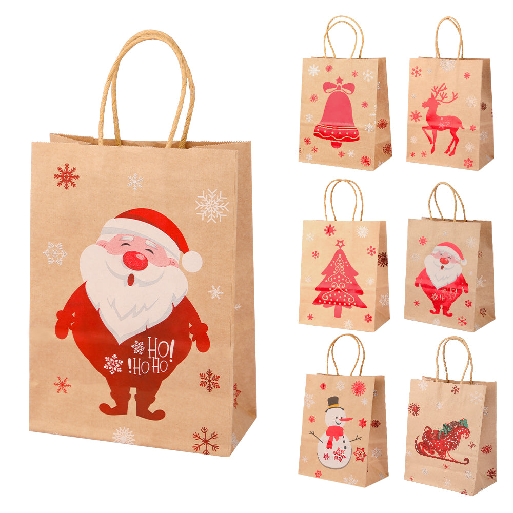 24/48pcs Christmas Gift Bags with Handles, Kraft Paper Holiday Party Favor Bags, Assorted Santa Snowman Reindeer Designs for Xmas Cookies Treats Goody Bags