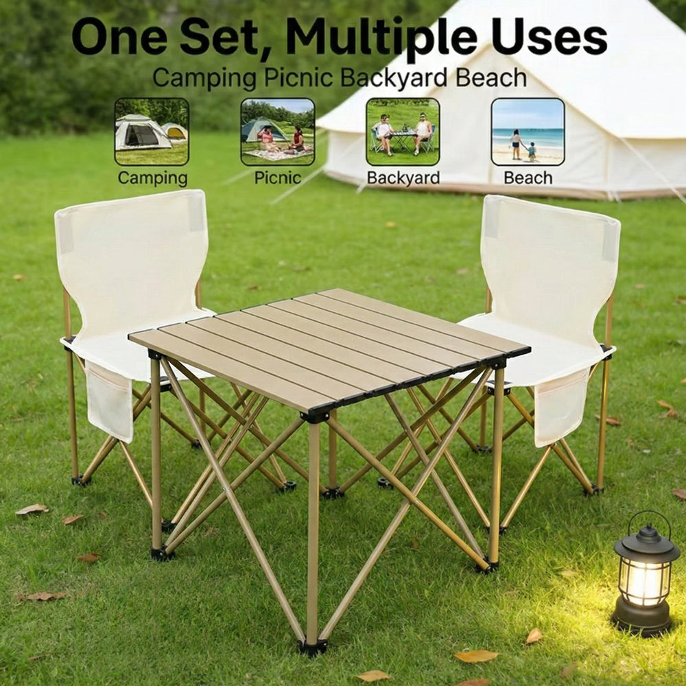 3 Piece Outdoor Folding Table and Chairs Set, Portable Camping Picnic Table with 2 Chairs, Lightweight  Patio Furniture for Backyard, Beach, BBQ (with Carry Bag)