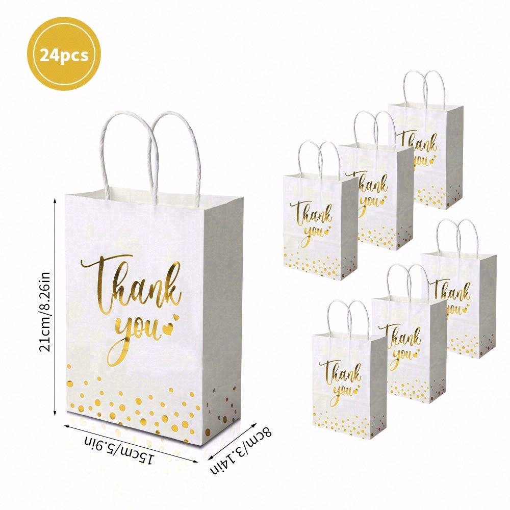 24/48pcs Thank You Gift Bags, White Gold Foil Paper Bags with Handles for Wedding Favor, Birthday Party, Baby Shower, Christmas