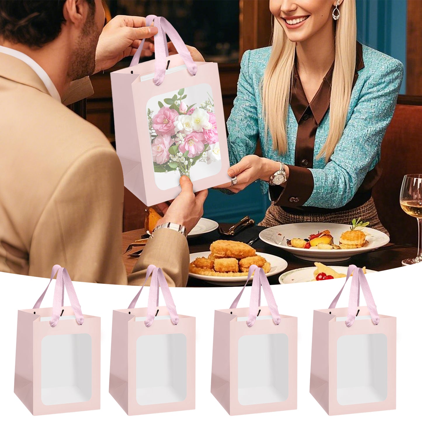8/12/16/24pcs Pink Flower Gift Bags with Clear Window, Bouquet Paper Bags for Birthday, Wedding, Valentine's Day, Mother's Day, Graduation Party Favors