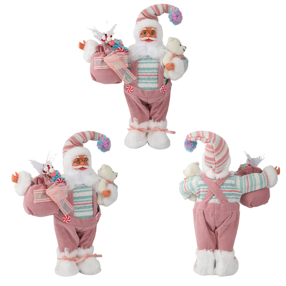 15.7/23.6/33.5in Pink Christmas Santa Claus Figurine with Gift Bag, Cute Christmas Table Top Decor for Home, Mantel, and Shelf, Festive Holiday Decoration